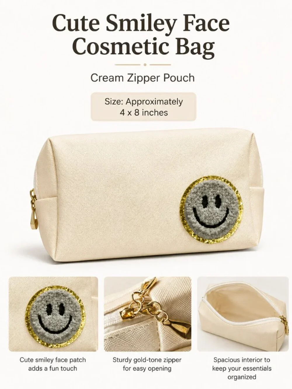 Smiley Face Makeup Bag Cream Cosmetic Pouch